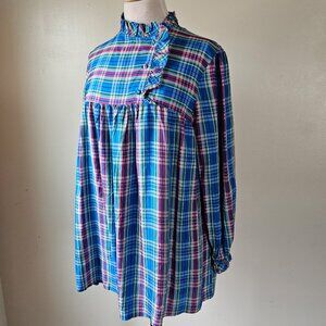 Vintage 80s Maternity Top Blue Plaid Holiday L